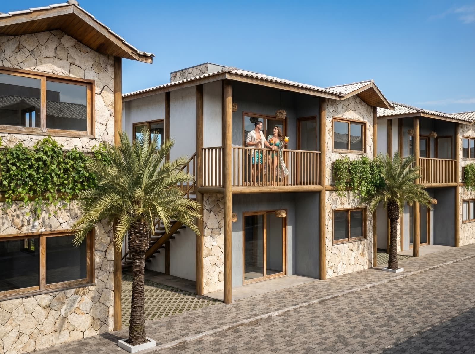 Fachada CASYA com pedra natural e madeira