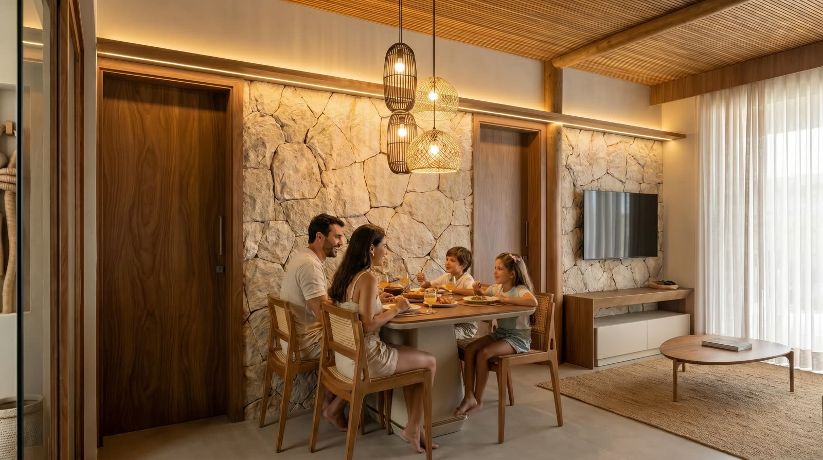Sala de jantar CASYA com parede de pedra